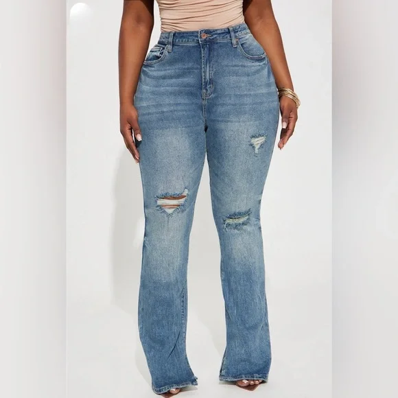 Fashion Nova “Baddest One Around” Medium Wash Distressed Boot Leg Jeans - Picture 2 of 5